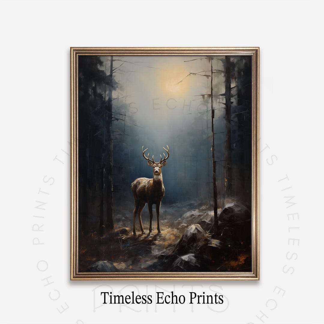 Moody Forest Deer Wall Art: Majestic Stag in Winter Woodland, Rustic ...