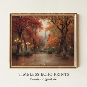 Autumn Town Square Oil Painting Rustic Fall Scene Tree Lined Street Wall Art Digital Download 84