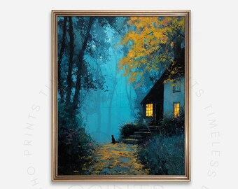 Gothic Cottage Art Print Moody Forest Cabin Black Cat Digital Download 245