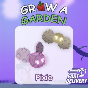 Puede incluir: Ilustración digital con el texto "Grow a Garden" y un icono de pimiento pixelado. La imagen muestra un personaje de duende pixelado con alas y otros dos objetos pixelados. La palabra "Pixie" está escrita debajo.