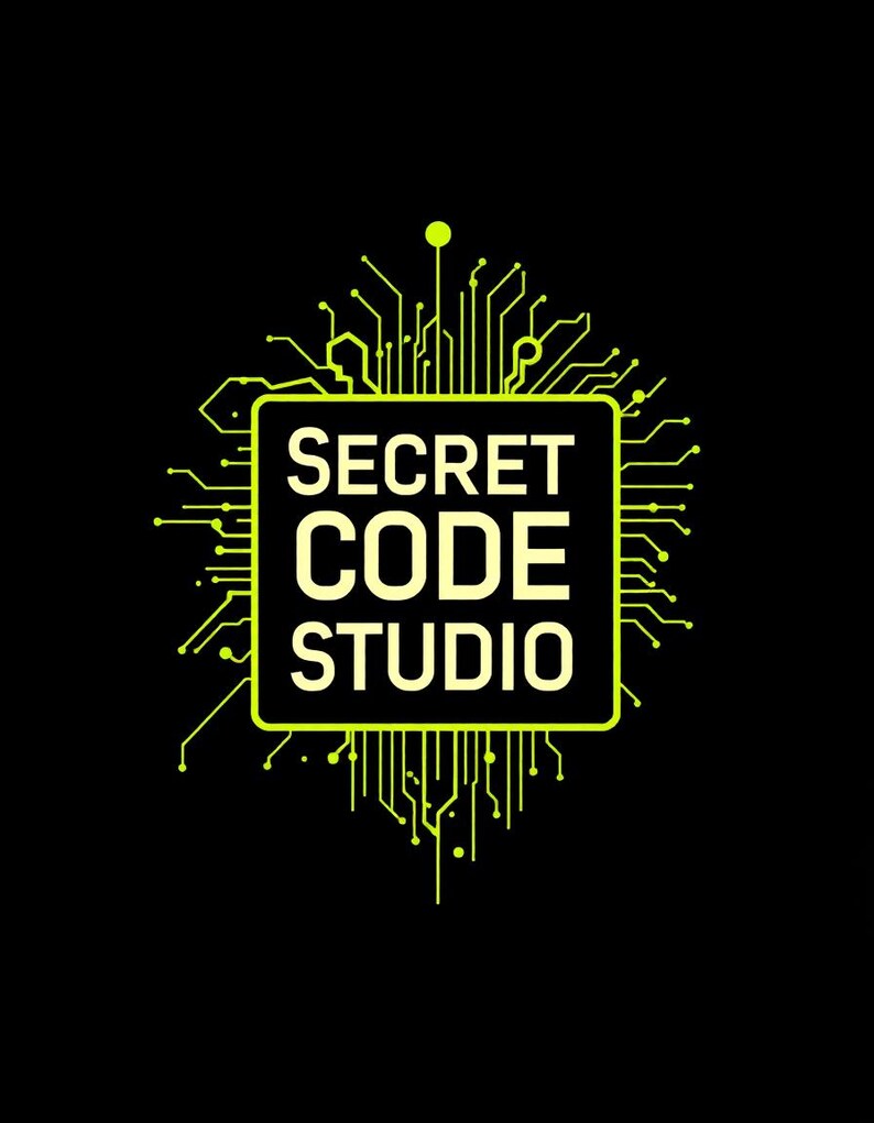 Puede incluir: Un logotipo de Secret Code Studio sobre un fondo negro. El logotipo presenta un cuadrado con esquinas redondeadas que contiene el texto "SECRET CODE STUDIO" en blanco. El cuadrado est&aacute; rodeado por un dise&ntilde;o de placa de circuito verde ne&oacute;n.