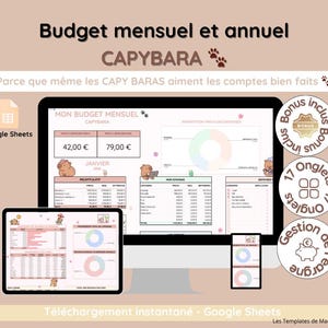 Puede incluir: Una plantilla de planificador de presupuesto digital para Google Sheets, con un tema de capibara. La imagen muestra el planificador en una computadora, tableta y teléfono, con el texto "Budget mensuel et annuel" y "CAPYBARA".