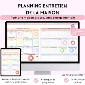 Planning Ménage Pastel | Google Sheets | Suivi Journalier Hebdo Mensuel Annuel | Tâches Automatisées & Graphiques | Template Maison