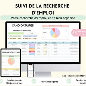 Peut inclure: Maquette numérique d'un suivi de recherche d'emploi affichée sur un écran d'ordinateur, une tablette et un smartphone. L'écran affiche une feuille de calcul avec des données et des graphiques. Le texte comprend "Suivi de la recherche d'emploi".