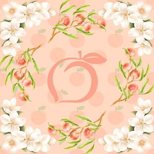 May include: A peach-themed design featuring branches of peaches and white blossoms. The background is a light peach color with a repeating peach pattern. A large peach outline is in the center.