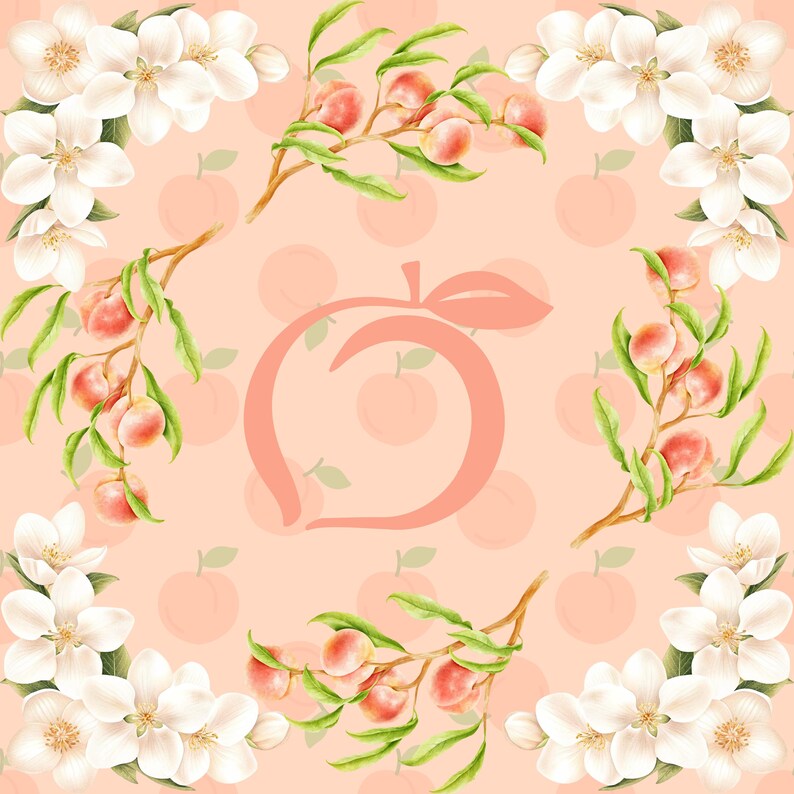 May include: A peach-themed design featuring branches of peaches and white blossoms. The background is a light peach color with a repeating peach pattern. A large peach outline is in the center.