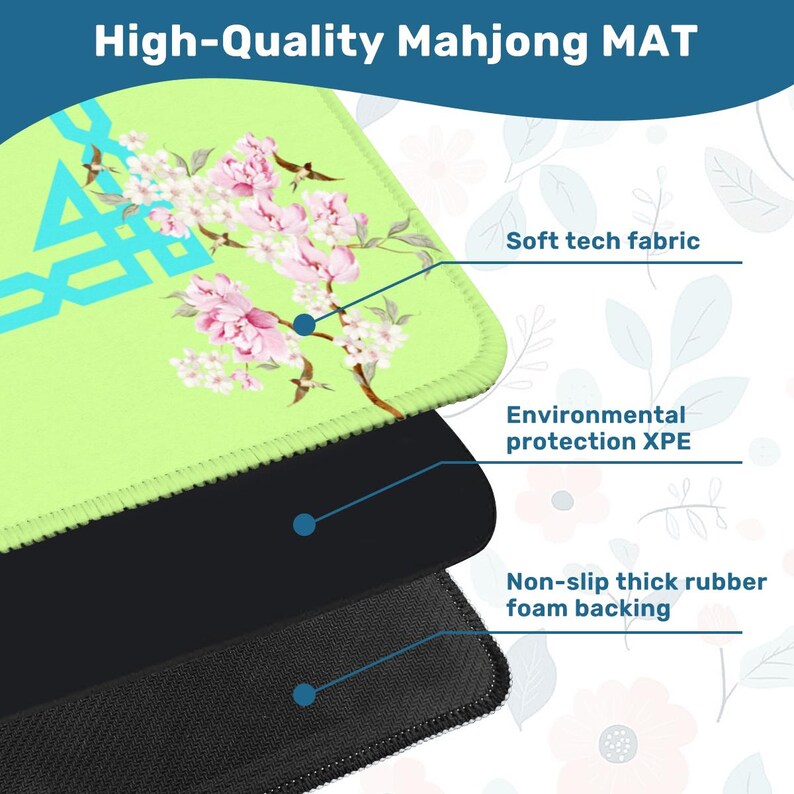 K&ouml;nnte beinhalten: Eine hochwertige Mahjong-Matte mit einer hellgr&uuml;nen Oberfl&auml;che und einem Blumendesign mit rosa Bl&uuml;ten. Die Matte hat ein weiches Tech-Gewebe, Umweltschutz XPE und eine rutschfeste, dicke Schaumstoffr&uuml;cken. Der Text "High-Quality Mahjong MAT" steht oben.