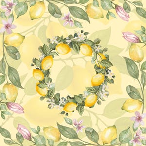 May include: Watercolor illustration of a lemon wreath with green leaves and white blossoms, surrounded by lemon branches and pink flowers on a yellow background. The design has a botanical theme.