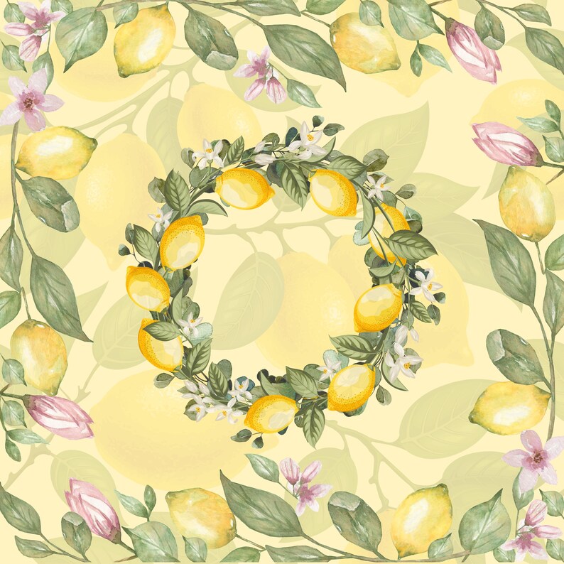 May include: Watercolor illustration of a lemon wreath with green leaves and white blossoms, surrounded by lemon branches and pink flowers on a yellow background. The design has a botanical theme.