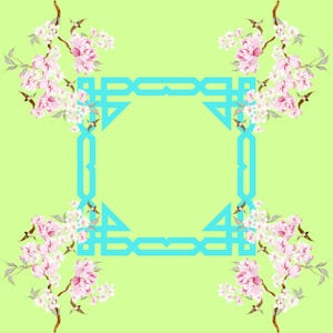 May include: A floral design on a light green background. The design features four clusters of pink and white flowers with brown stems and small birds. A turquoise geometric frame surrounds a central open space.