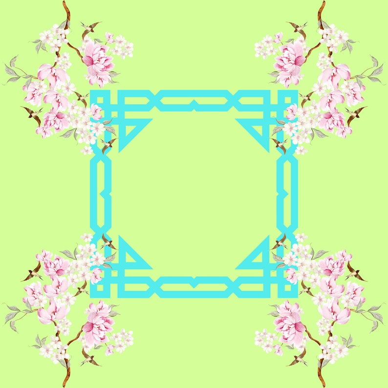 K&ouml;nnte beinhalten: Ein florales Design auf hellgr&uuml;nem Hintergrund. Das Design zeigt vier Anordnungen aus rosa und wei&szlig;en Bl&uuml;ten mit braunen Stielen und kleinen V&ouml;geln. Ein t&uuml;rkisfarbener geometrischer Rahmen umgibt einen zentralen Bereich.