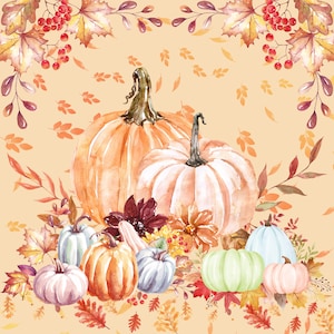 May include: A watercolor illustration featuring two large central pumpkins, one orange and one pale, surrounded by a collection of smaller pumpkins in shades of orange, white, blue, and green, accented by autumn leaves and red berries.