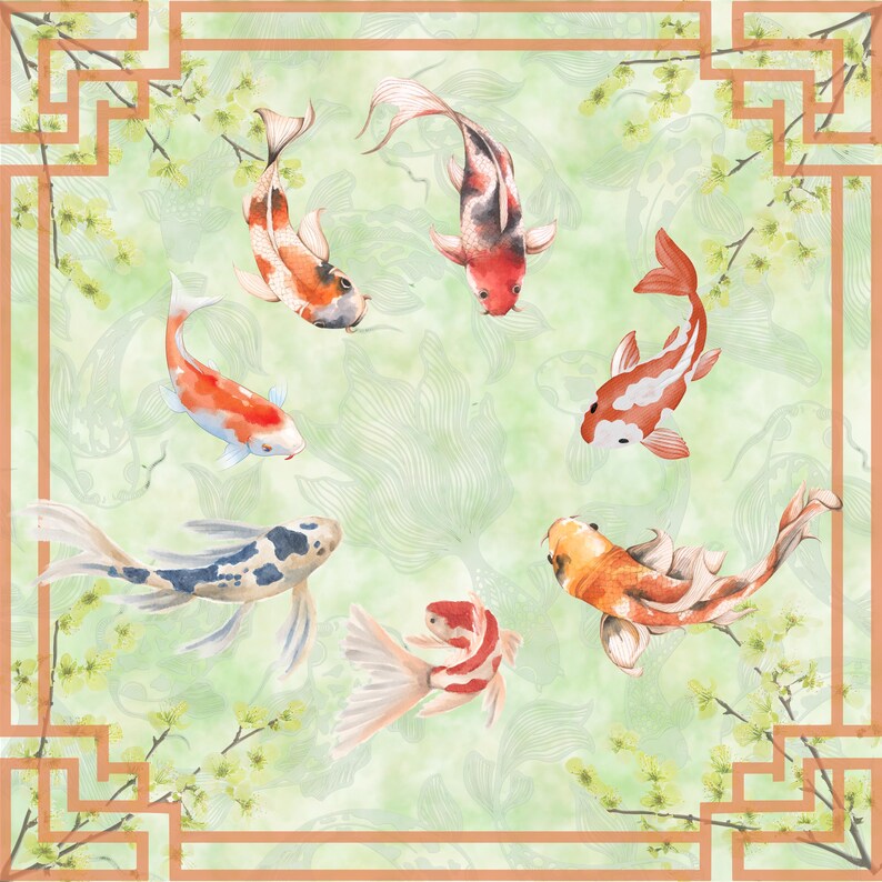 May include: A watercolour illustration featuring koi carp in shades of orange, red, white, and blue, set against a light green backdrop with floral details. The design is framed by a peach-coloured border with a geometric pattern.