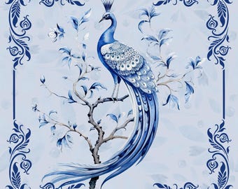 Blue Peacock on a Branch Neoprene Mahjong Mat