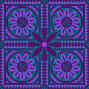 May include: A geometric pattern featuring a symmetrical design with four circular floral motifs in shades of purple and teal. The design is framed by a border of diamonds and triangles, all set against a dark purple background.
