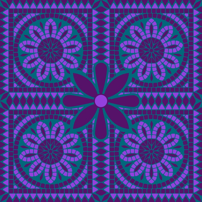 May include: A geometric pattern featuring a symmetrical design with four circular floral motifs in shades of purple and teal. The design is framed by a border of diamonds and triangles, all set against a dark purple background.