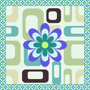May include: A square graphic print featuring a central flower with layered petals in shades of blue, teal, and lime green. The background displays overlapping rounded rectangles in brown, sage green, and teal, framed by a patterned geometric border.