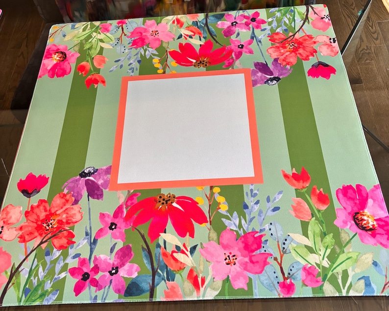 Blue and Coral Floral Mahjong Mat: Neoprene Mahj Game Tabletop imagen 1