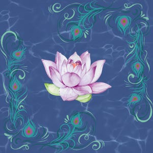 May include: A watercolor illustration of a pink lotus flower with green leaves, centered on a blue background with water-like patterns. Teal peacock feather designs frame the corners, adding an elegant touch to the floral artwork.
