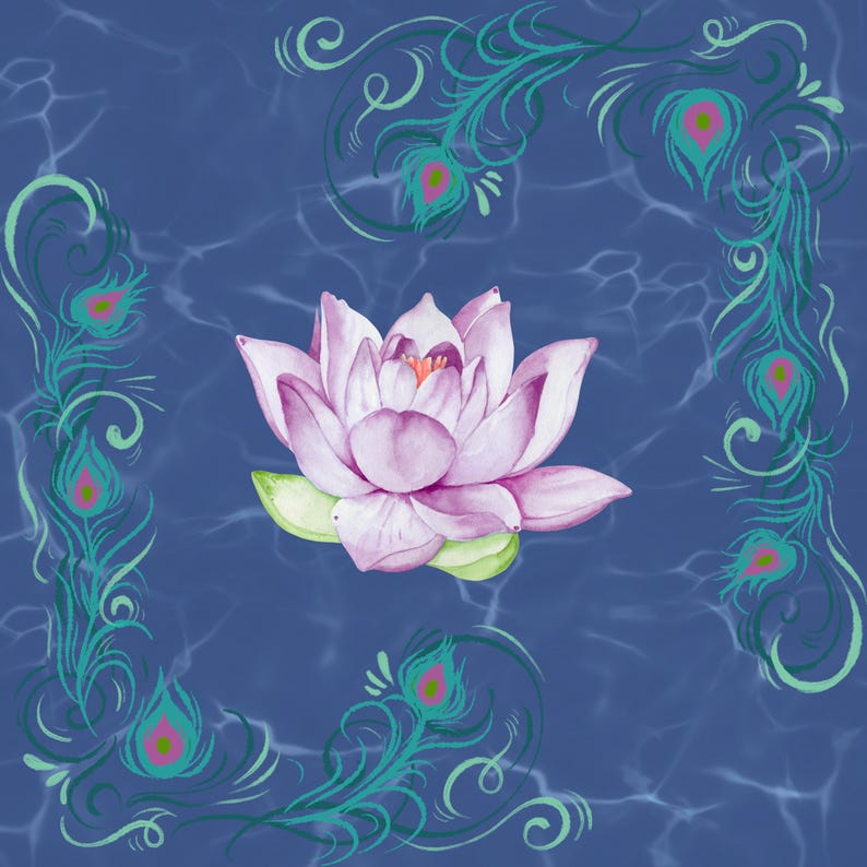 May include: A watercolor illustration of a pink lotus flower with green leaves, centered on a blue background with water-like patterns. Teal peacock feather designs frame the corners, adding an elegant touch to the floral artwork.