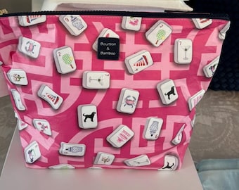 Mahjong Tile Pouch: Pink Travel Bag with Bamboo Zipper