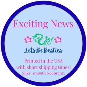 May include: A circular graphic with a light blue background and a dark blue border. It features the pink text Exciting News, a green dragon illustration flanked by two pink cherry blossoms, and the text LetsBeBesties. Below is pink text.
