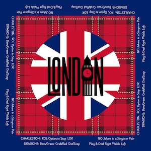 May include: A square game mat featuring a red and black plaid pattern with a central circular Union Jack design. The word LONDON is printed in black, with the letter O replaced by a clock tower icon. Text around the border includes game rules.