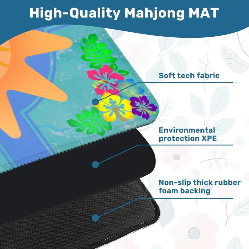 Pu&ograve; includere: Un tappetino Mahjong di alta qualit&agrave; con un design tropicale. Presenta uno sfondo azzurro e fiori colorati. Il tappetino ha un morbido tessuto tecnico, protezione ambientale XPE e un supporto in schiuma di gomma spessa antiscivolo.