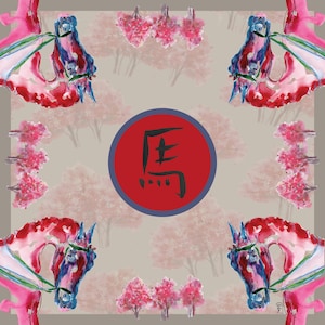 May include: Square scarf with a watercolor design featuring four horse heads in red, pink, and blue, with a red circle in the center containing a black Japanese character. The background has a light brown color with pink trees.