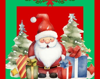 May include: Watercolor illustration of Santa Claus in a red suit and hat, with a white beard and rosy cheeks. He stands in front of Christmas trees and wrapped gifts. The image has a red and green border with festive decorations.