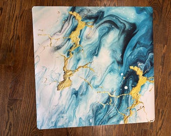 Teal Marble with Gold Splash Mahjong Mat: Neoprene Mahj Game Tabletop
