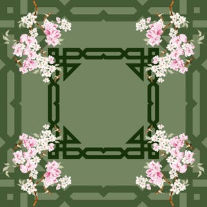 May include: Square scarf with a green background and a geometric pattern. The scarf features pink and white floral branches in each corner. The center has a dark green geometric design.