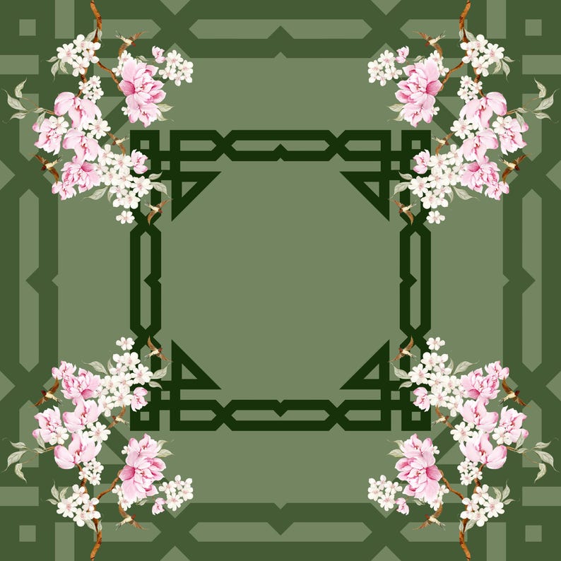 May include: Square scarf with a green background and a geometric pattern. The scarf features pink and white floral branches in each corner. The center has a dark green geometric design.
