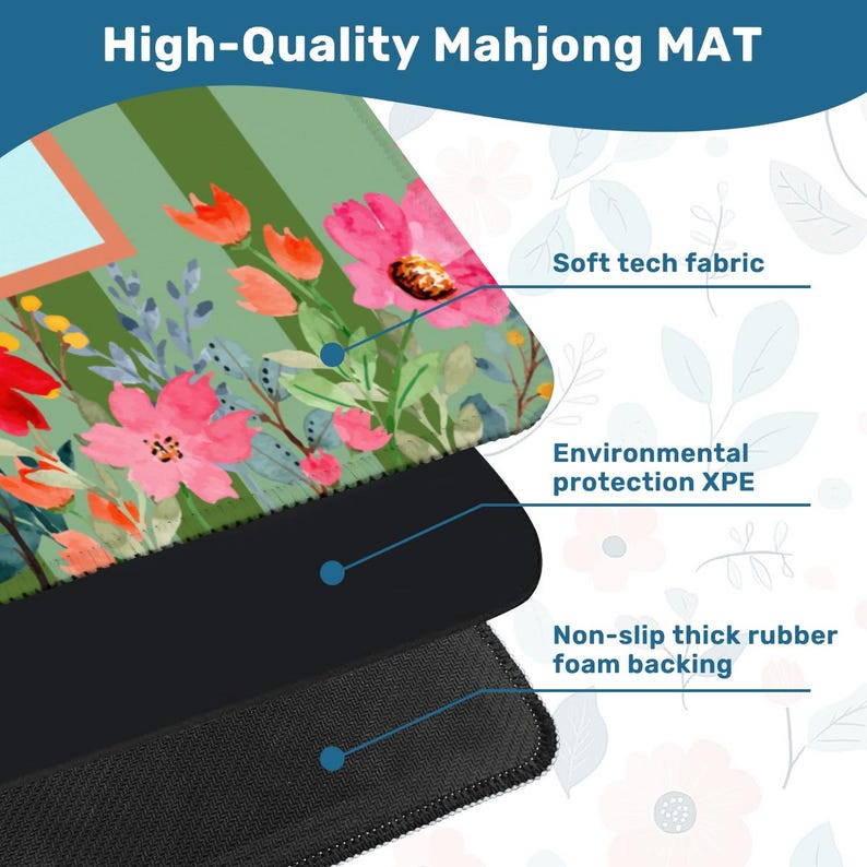 Puede incluir: Primer plano de un tapete de Mahjong floral con un fondo a rayas verdes y blancas. El tapete presenta flores rosas y rojas con hojas verdes. El texto "High-Quality Mahjong MAT" est&aacute; en la parte superior.