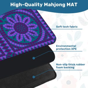May include: A close-up of a high-quality Mahjong mat with a purple and teal floral design. The mat features a soft tech fabric, environmental protection XPE, and a non-slip thick rubber foam backing. The text "High-Quality Mahjong MAT" is at the top.
