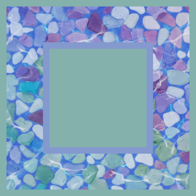 May include: Abstract square design with a sea glass pattern. The border features a mosaic of colorful, rounded stones in shades of blue, purple, and green, with a light blue square in the center.