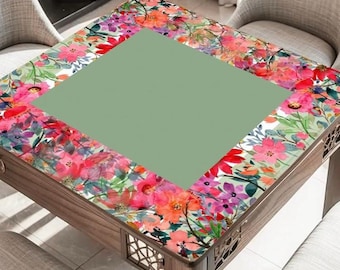 Green Bright Floral Mahjong Mat: Neoprene Mahj Game Tabletop