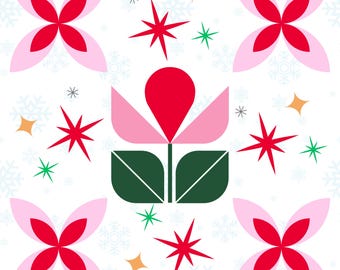 May include: A repeating pattern featuring a central stylized flower with a red petal and pink side petals above dark green leaves, surrounded by four-petaled pink and red blossoms, red starbursts, small green stars, and white snowflakes.