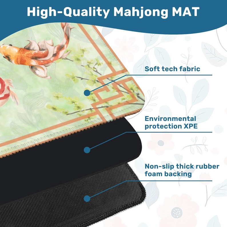 May include: A Mahjong mat with a koi carp design in orange and red on a green backdrop. The mat has a soft tech fabric, environmental protection XPE, and a non-slip thick rubber foam backing. The text "High-Quality Mahjong MAT" is at the top.