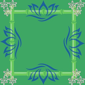 May include: A square design with a green background, featuring a frame made of green bamboo stalks and light green horizontal lines. Blue lotus flower designs are at each corner and center of the frame. Pink and white flowers are at each corner.