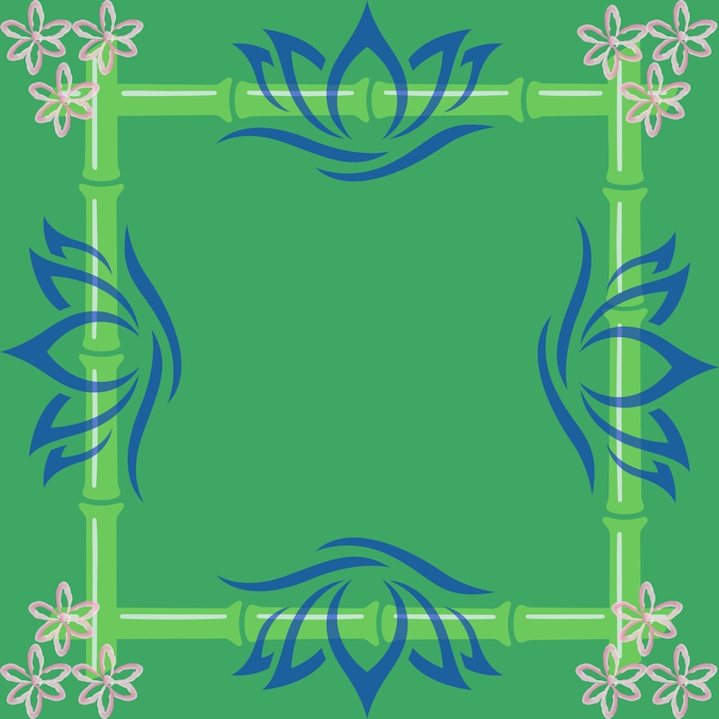 May include: A square design with a green background, featuring a frame made of green bamboo stalks and light green horizontal lines. Blue lotus flower designs are at each corner and center of the frame. Pink and white flowers are at each corner.