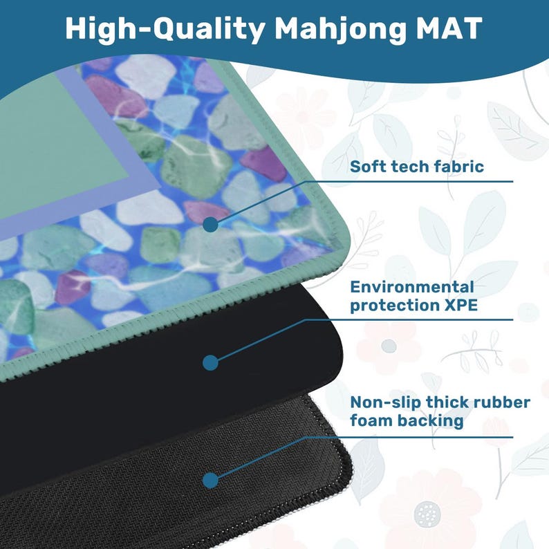 May include: A high-quality Mahjong mat with a colorful stone pattern. The mat features a soft tech fabric, environmental protection XPE, and a non-slip thick rubber foam backing. The text "High-Quality Mahjong MAT" is displayed at the top.