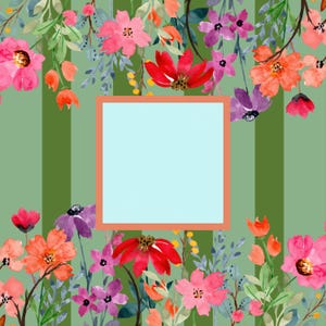 Puede incluir: Dise&ntilde;o floral en acuarela con flores rosas, rojas y naranjas sobre un fondo a rayas verdes. Un cuadrado azul claro con un borde melocot&oacute;n est&aacute; en el centro. Las flores est&aacute;n dispuestas alrededor del cuadrado.