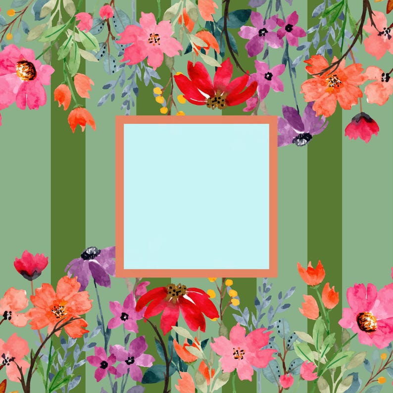 Puede incluir: Dise&ntilde;o floral en acuarela con flores rosas, rojas y naranjas sobre un fondo a rayas verdes. Un cuadrado azul claro con un borde melocot&oacute;n est&aacute; en el centro. Las flores est&aacute;n dispuestas alrededor del cuadrado.