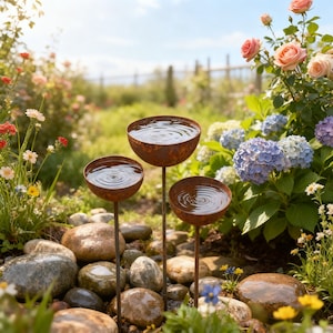 Può includere: Tre abbeveratoi per uccelli in metallo arrugginito, con finitura marrone, sono posizionati in un giardino. Ogni ciotola è riempita d'acqua, creando increspature sulla superficie. Gli abbeveratoi sono circondati da rocce, fiori e vegetazione.