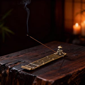 Puede incluir: Un porta incienso de bronce con diseño de bambú, con una pequeña figura. El palito de incienso está encendido, con humo ascendente. El soporte está sobre una superficie de madera oscura, con velas en el fondo.