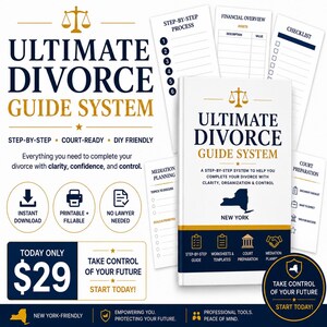 Könnte beinhalten: Ein weißes Buch mit dem Titel "ULTIMATE DIVORCE GUIDE SYSTEM" mit goldfarbenen Buchstaben und einem Justitia-Symbol. Das Bild enthält Checklisten, Arbeitsblätter und den Text "STEP-BY-STEP COURT-READY DIY FRIENDLY".