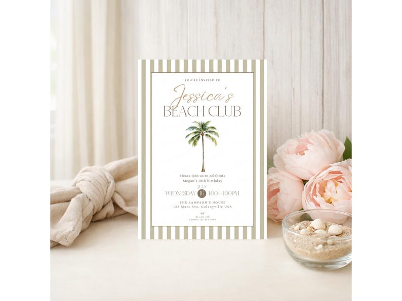 May include: A beach club invitation card with a palm tree illustration. The card has a striped border and includes event details. Soft pink flowers and a bowl of sand are in the background. The text reads 'Jessica's Beach Club'.
