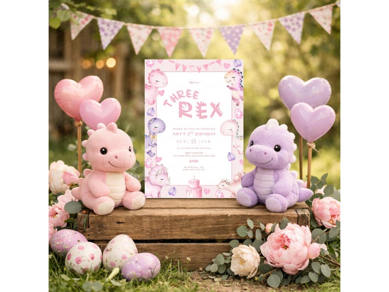 K&ouml;nnte beinhalten: Eine Geburtstagsparty-Szene mit Dinosaurier-Thema. Enth&auml;lt eine "Three Rex"-Einladung, Pl&uuml;sch-Dinosaurier-Spielzeuge, herzf&ouml;rmige Ballons und dekorative Eier. Die Szene ist mit Blumen geschm&uuml;ckt.