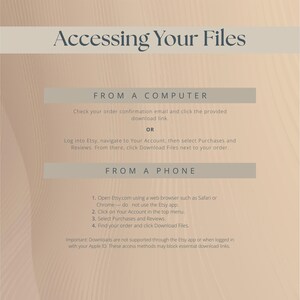 K&ouml;nnte beinhalten: Beige Grafik mit dem Text "Accessing Your Files". Anweisungen zum Herunterladen von Dateien von einem Computer oder Telefon werden bereitgestellt. Der Text enth&auml;lt Schritte f&uuml;r Etsy-Benutzer.